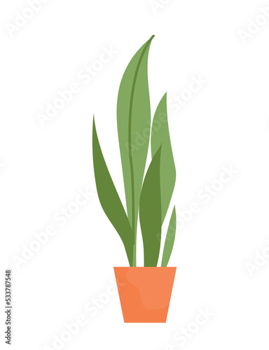 Home plant icon. Large leaves and green flower in pot. Interior element, decor for apartment, office and cafe. Graphic element for website. Gardening and floristry. Cartoon flat vector illustration