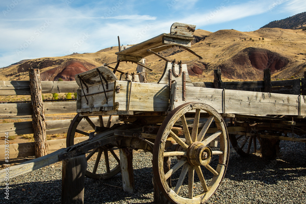 An old historic freight wagon on a historic sheep and cattle ranch on the John Day river that is now part of the John Day Fossil Beds National Monument, located in Wheeler County, Oregon,