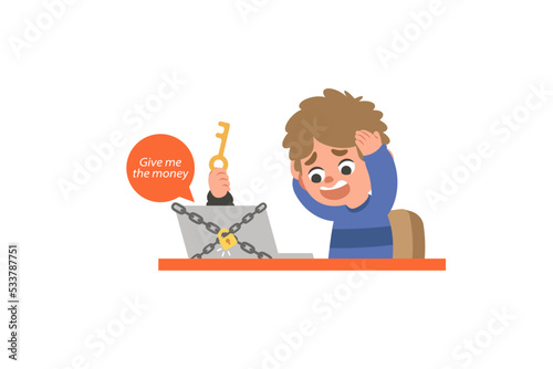 A man's laptop was locked and demanded a ransom from an anonymous hacker. illustration vector cartoon character design on white background. Crime concept.