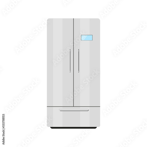 Refrigerator double leaf fridge kitchen white flat. Vertical icebox freezer food preservation fresh antibacterial self defrosting automatic no frost professional store food ready meal isolated