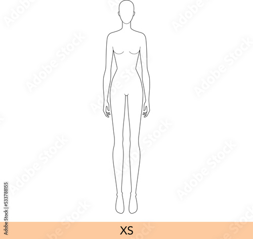 XS size Women Fashion template 9 nine head Croquis Lady model skinny body with main lines figure front view. Vector outline isolated girl for Fashion Design, Illustration, technical drawing