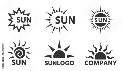 Sun logo flat tag set. Various shape sunshine business emblem. Sunny hot logotype with company name isolated on white. Cartoon summer sunlight rays sunrise sunset badge. Simple graphic solar label