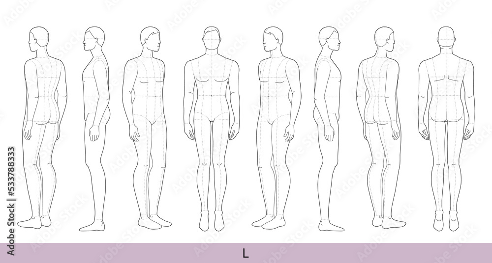 Set of L Size Men Fashion template large 9 head size with main lines Croquis Gentlemen model figure front, side, 3-4, back view. Vector isolated sketch outline boy for Fashion Design, Illustration Set of L Size Men Fashion template large 9 head size with main lines Croquis Gentlemen model figure front, side, 3-4, back view. Vector isolated sketch outline boy for Fashion Design, Illustration
