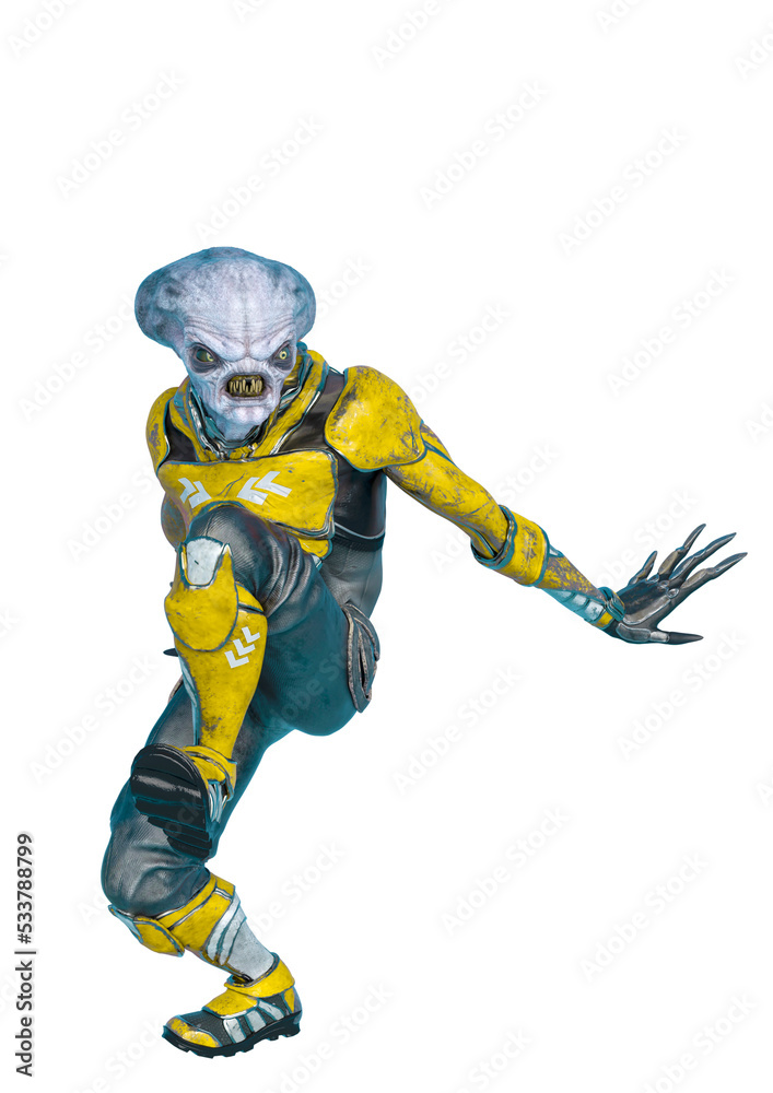 official alien on a sci-fi outfit walking slow in a white background