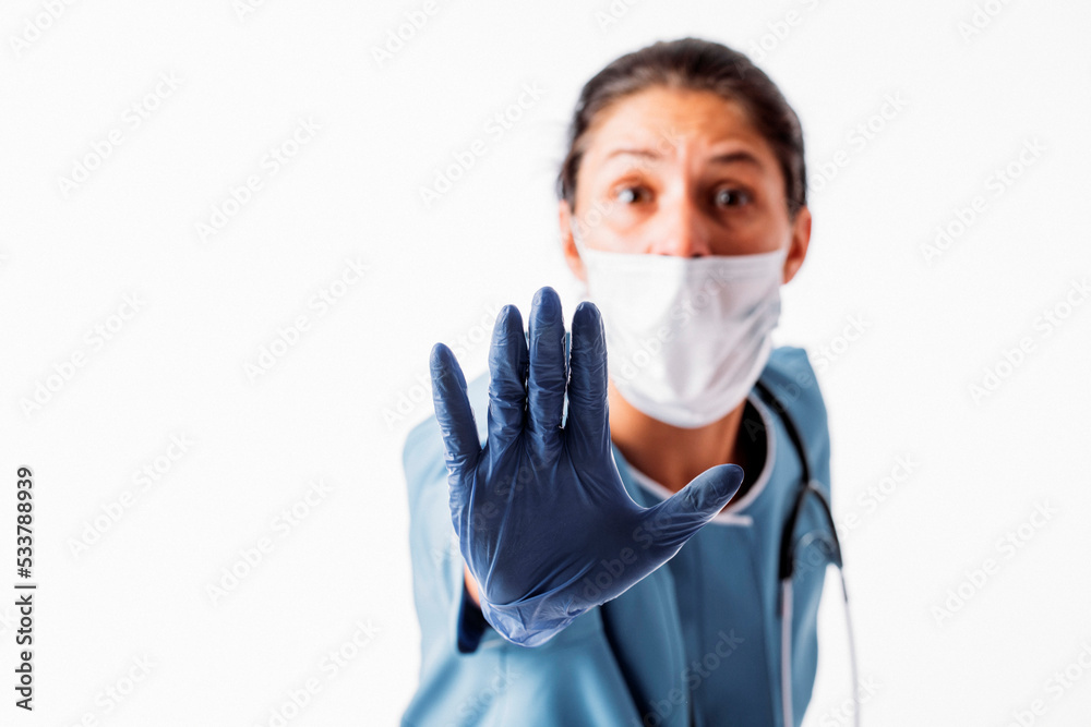 female doctor with mask. Stop virus. Stay home. 