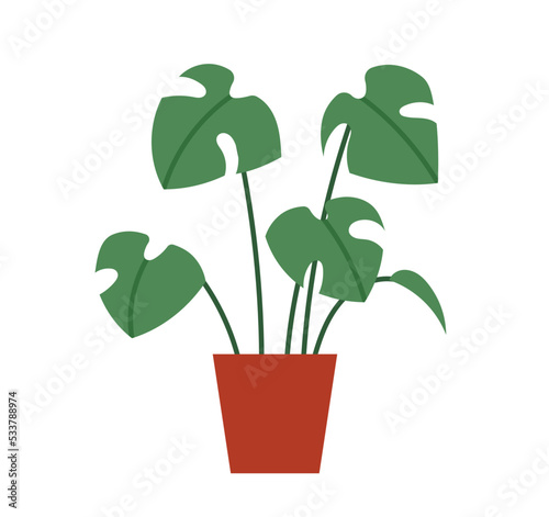 Home decor object. Sticker with beautiful houseplant in red pot. Organic decorative flower. Design element for apartment interior. Cartoon flat vector illustration isolated on white background