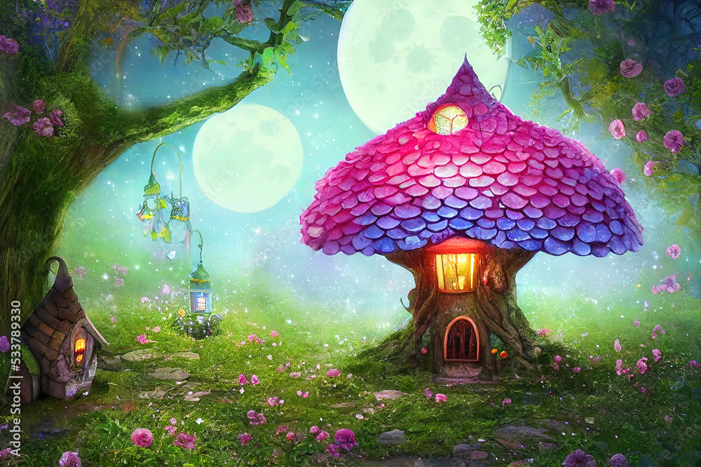 Magical fantasy elf or gnome house in tree with window and lantern, bench in enchanted fairy tale forest with fabulous fairytale blooming pink rose flower garden and shiny glowing moon rays in night - obrazy, fototapety, plakaty 