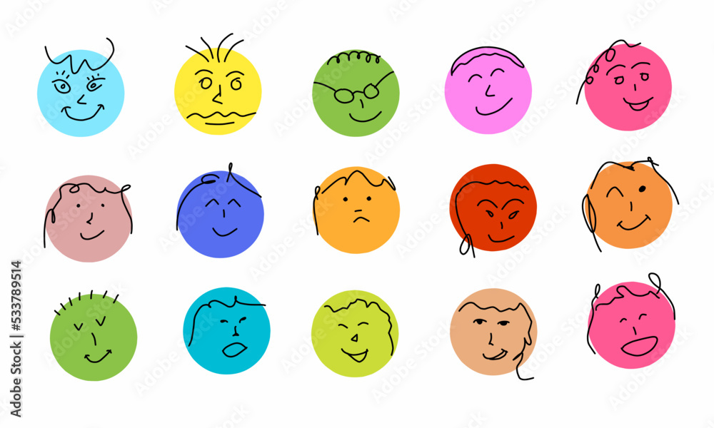 Obraz premium Round abstract comic Faces with various Emotions. Crayon drawing style. Different colorful characters. Cartoon style. Flat design. Hand drawn trendy Vector illustration.