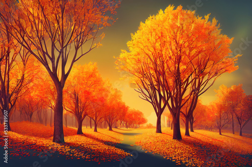 Autumn landscape background with trees cartoon style, illustration