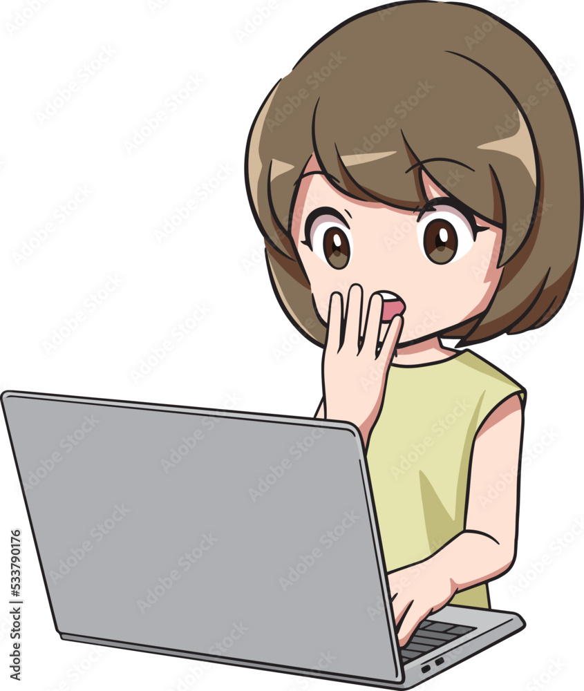 パソコンの前で驚く女性