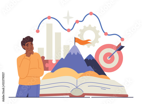 Concept of storytelling. Young guy shares his goals, talks about setting goals and achieving them. Poster or banner for website. Creative personality and entrepreneur. Cartoon flat vector illustration
