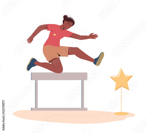 Woman with star. Young girl jumping over barrier to reach star, motivation or leadership, competition winner. Selfdevelopment, vision of future and goal setting. Cartoon flat vector illustration