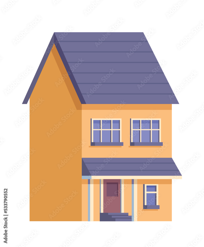 Street landscape icon. Yellow twostory house with dark blue roof. Private property and real estate, modern urban style of architecture. Comfortable and cozy house. Cartoon flat vector illustration