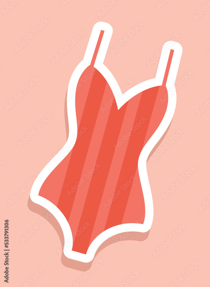 Red swimsuit icon. Comfortable clothes for holidays in exotic and tropical countries. Poster or banner for website, sticker for social media. Travel and tourism. Cartoon flat vector illustration Red swimsuit icon. Comfortable clothes for holidays in exotic and tropical countries. Poster or banner for website, sticker for social media. Travel and tourism. Cartoon flat vector illustration