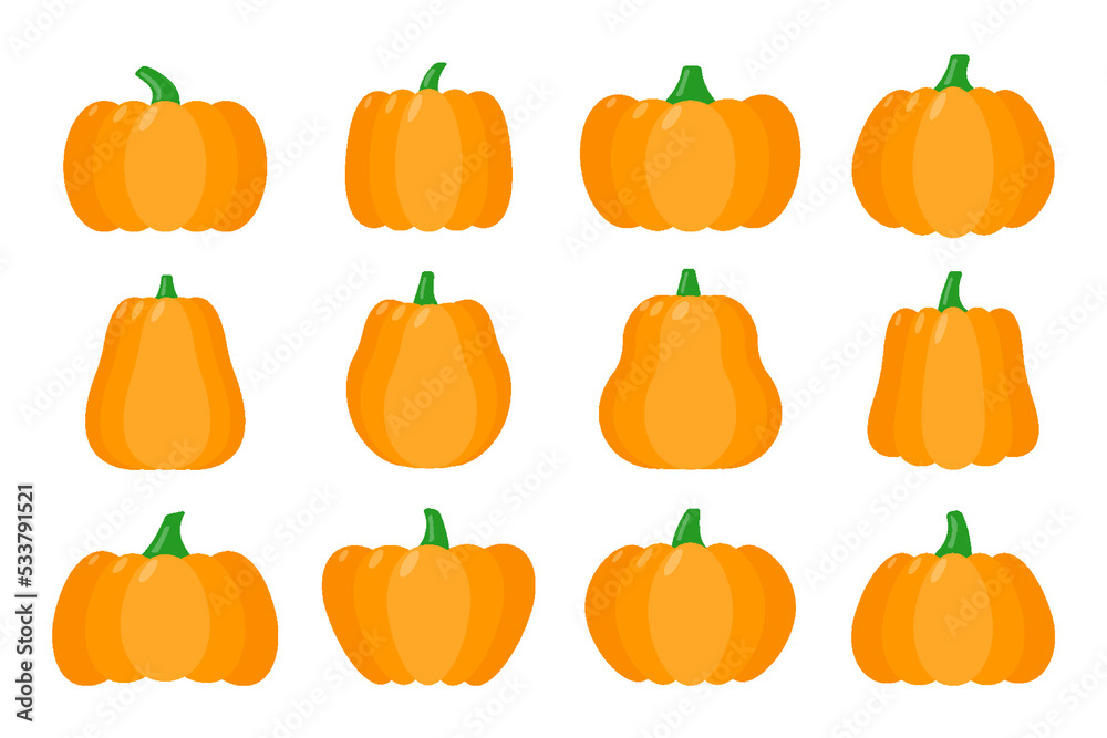 Pumpkin flat icons set. Sign kit of halloween. Thanksgiving pictogram collection farm harvest, closeup squash, vegetable. Simple pumpkin cartoon colorful icon symbol isolated on white background Pumpkin flat icons set. Sign kit of halloween. Thanksgiving pictogram collection farm harvest, closeup squash, vegetable. Simple pumpkin cartoon colorful icon symbol isolated on white background