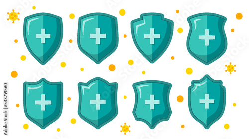 Shield prevention security immune icon set. Bacterial and covid virus protection medicine isolated sign. Illness guard medical poster design. Strong healthy life. Healthcare hospital cartoon symbol