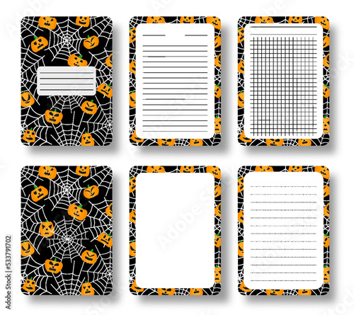 Halloween notebook cover and lined pages set. Rumpkin spider web pattern with copy space gridded sheet template for annual notepad brochure copybook diary. Horror spooky planner booklet journal print