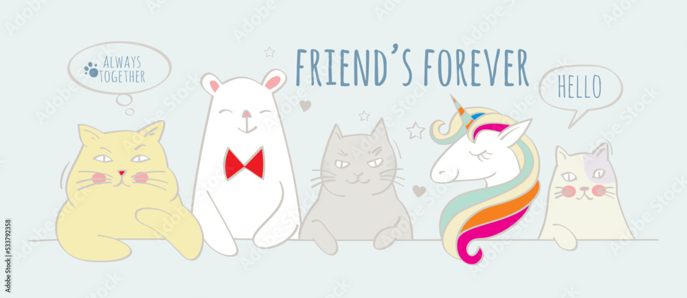 Animal Doodle of best friends,vector illustration