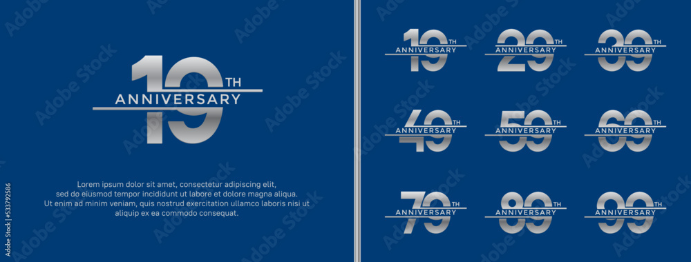 set of anniversary logo silver color on blue background for celebration moment set of anniversary logo silver color on blue background for celebration moment
