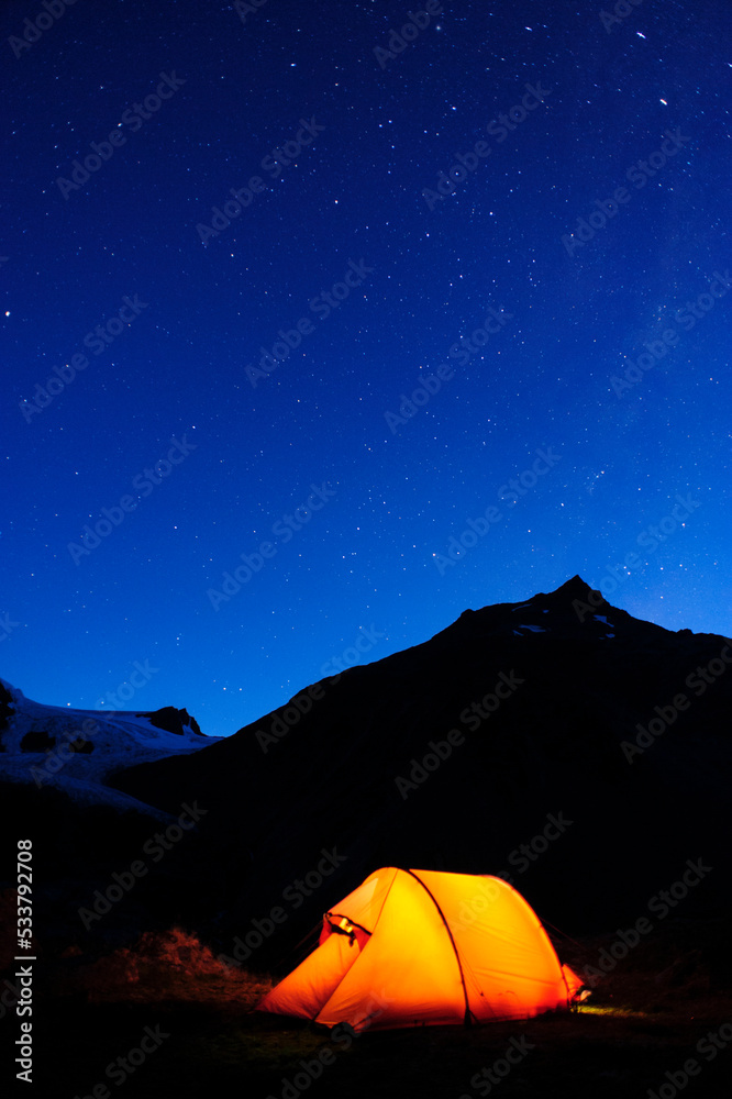 Chile, Aysen. Campsite under the southern night sky.