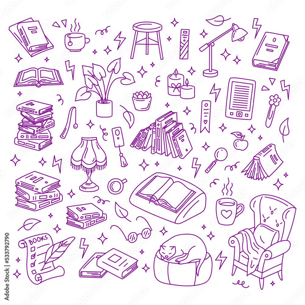 Vector hand drawn book lovers club doodles set. Piles of books, open and closed, booklist, feather, armchair, cup, home plants and lamps elements
