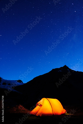 Chile, Aysen. Campsite under the southern night sky.