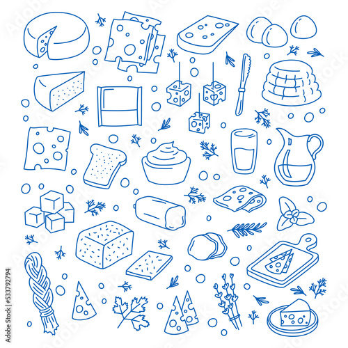 Vector hand drawn cheese and dairy doodles set. Different types of cottage, gouda, chechil, chedder, mascarpone, mozarella, melted and other cheese illustration photo