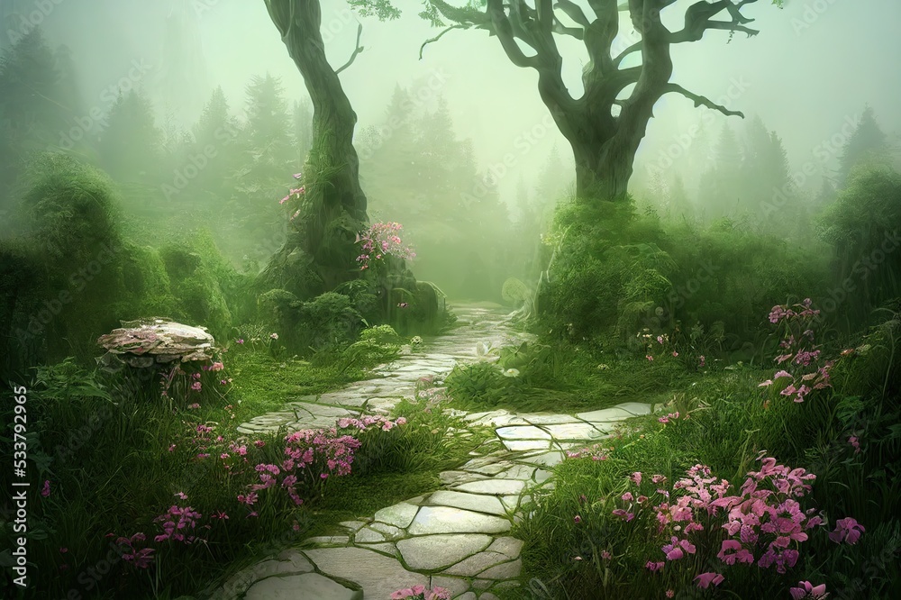 Fototapeta premium 3d illustration of a fairy or elven background. Featuring a misty forest framed by a stone gate and flowers. Ready for your photo manipulations or 3D renders.