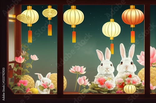 3D Illustration of cute rabbits on big mooncake stage watching full moon through Chinese window frame with pomelo, lotus and lanterns aside. Translation August fifteenth. Mid Autumn Festival photo