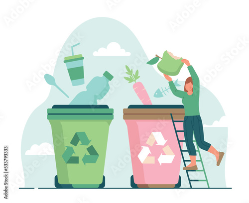 Sustainbale lifestyle concept. Woman sorts garbage, recycles waste. Motivational poster or banner for site. Responsible society and concern for nature and environment. Cartoon flat vector illustration