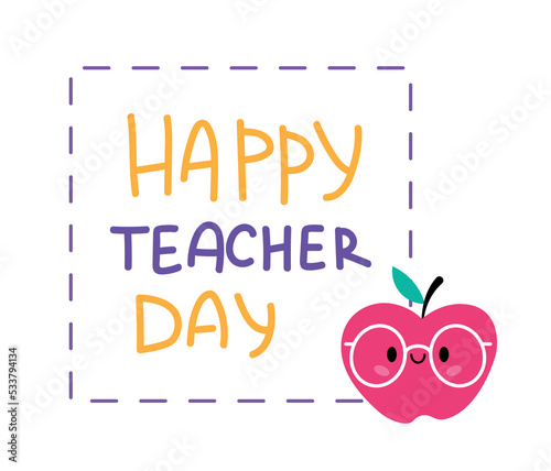 Teacher day concept. Apple in glasses next to square frame and lettering. Poster or banner for website, greeting card design. Education, development and knowledge. Cartoon flat vector illustration