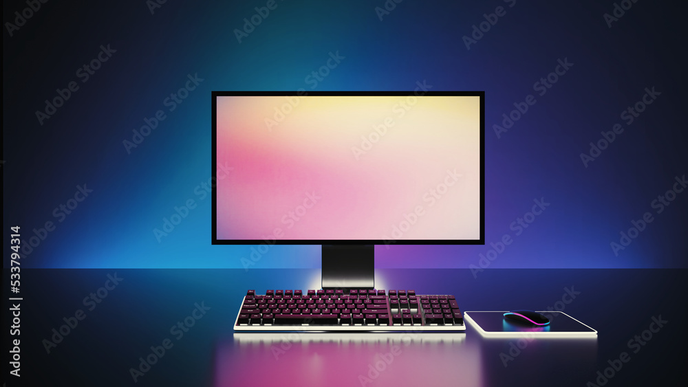 Game computer desktop with blue lights background, Modern PC computer
