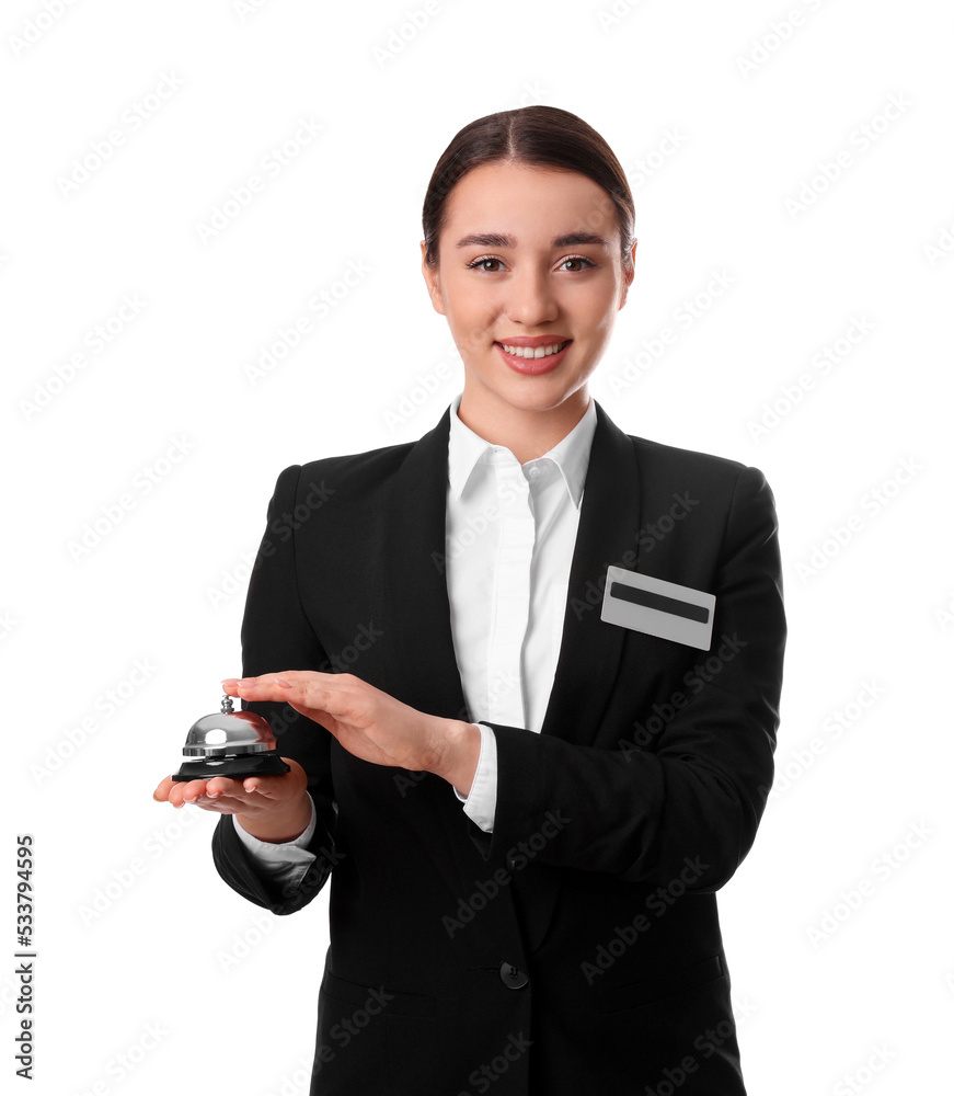 Happy young receptionist in uniform holding service bell on white background Happy young receptionist in uniform holding service bell on white background
