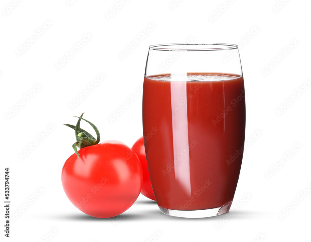 Fresh tomatoes and glass with juice on white background Fresh tomatoes and glass with juice on white background