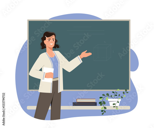 Woman teacher at classroom. Young girl stands by blackboard and explains lessons to children. Poster or banner for website. Education and development, training. Cartoon flat vector illustration