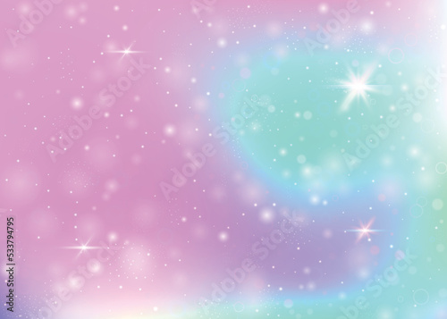 Hologram background with rainbow mesh. Cute universe banner in princess colors. Fantasy gradient backdrop. Hologram unicorn background with fairy sparkles, stars and blurs. © Holo Art