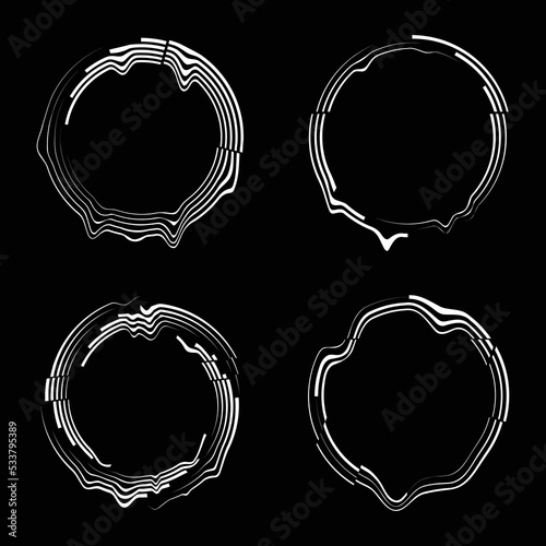 Set of white melted glitch lines. Fluid wavy shape. Vector illustration. Design element for technology round logo, striped border frame, blackout tattoo, prints, monochrome pattern and backdrop