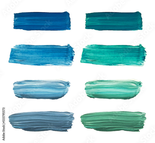Watercolor brush strokes in blue and green colors. Abstract painting in colors. Blue paint stain acrylic technique. Color vector background. Element art set hand drawn.