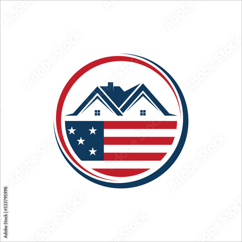 Roofing With American Flag House premium house mortgage logo vector