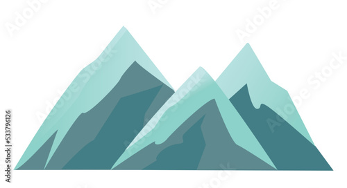 Blue mountains icon. Three large glaciers, low temperature and cold weather. Abstract landscape, natural relief. Outdoor activity and sport. Camping and hiking. Cartoon flat vector illustration