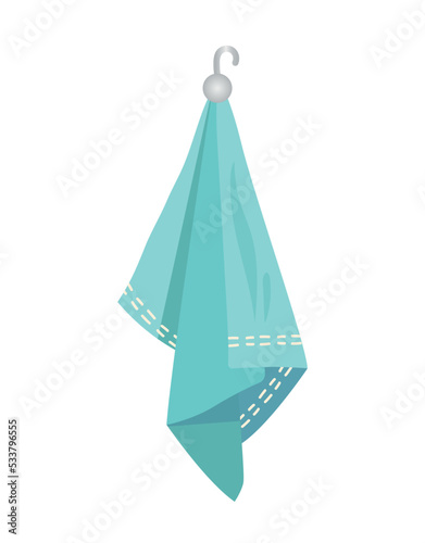 Fabric bath towel. Sticker with thin kitchen towel hanging on metal hook. Cleaning and housework. Design element for social networks. Cartoon flat vector illustration isolated on white background