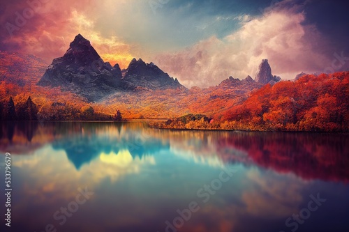 Abstract Autumn mountain landscape scene background. High quality illustration © 2rogan