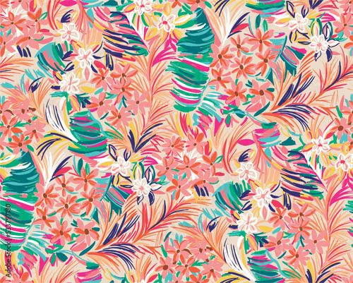 pattern of a tropical artwork, with multicolored hand drawn elements, perfect for fabrics and decoration