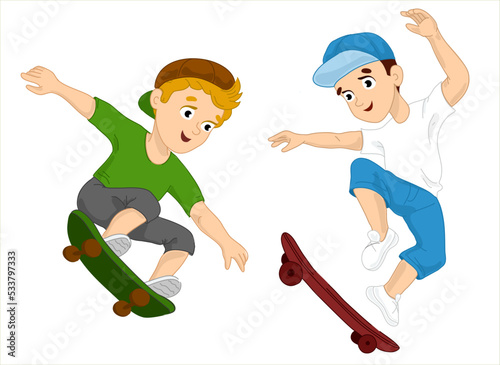 The boy is riding a skateboard. Vector illustration isolated on white background