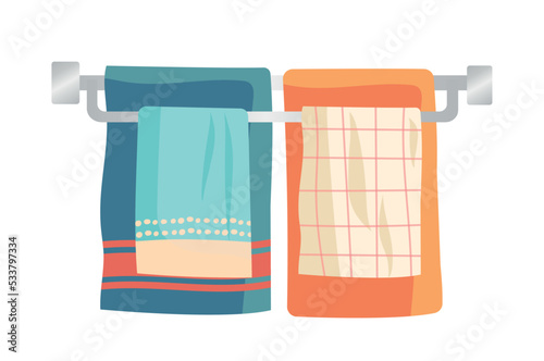 Fabric bath towels. Sticker with hot metal pipe with hanging wet wipes or bathtub. Hygiene and clean. Design element for social network. Cartoon flat vector illustration isolated on white background