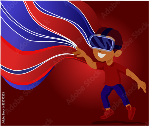 Explore alternative reality. Cyber space and virtual gaming. Virtual reality future technology. Discover virtual reality. Kid boy wear vr glasses red background. Child boy play virtual reality game.