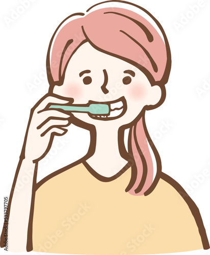 歯磨きをする女性　イラスト