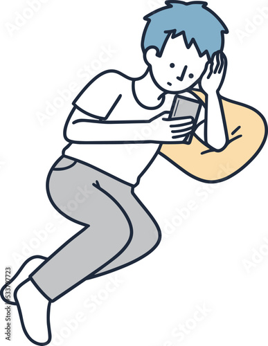 くつろぎながらスマホ祖操作する男性　シンプルイラスト