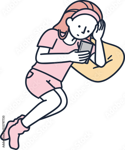 くつろぎながらスマホ祖操作する女性　シンプルイラスト