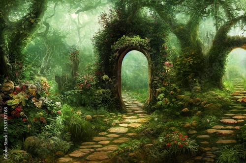 Archway in an enchanted fairy garden landscape, can be used as background